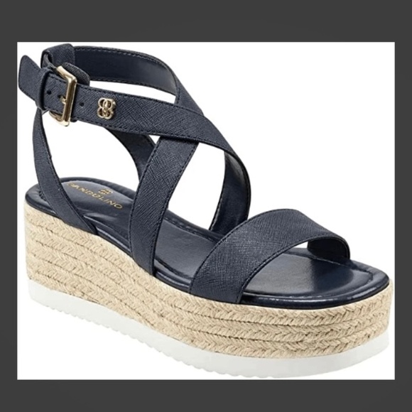 BANDOLINO Navy Logo‎ Woven Padded Major Square Toe Wedge Heeled Sandal 9.5 M - Picture 1 of 11